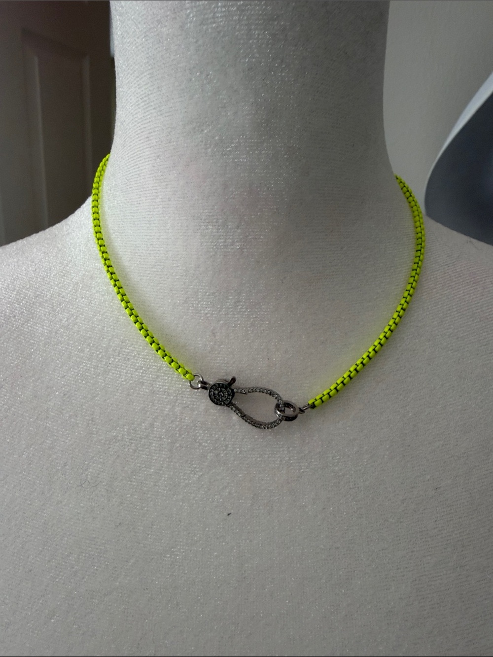 Neon Yellow Braided Rope Choker Necklace with Pave Clasp